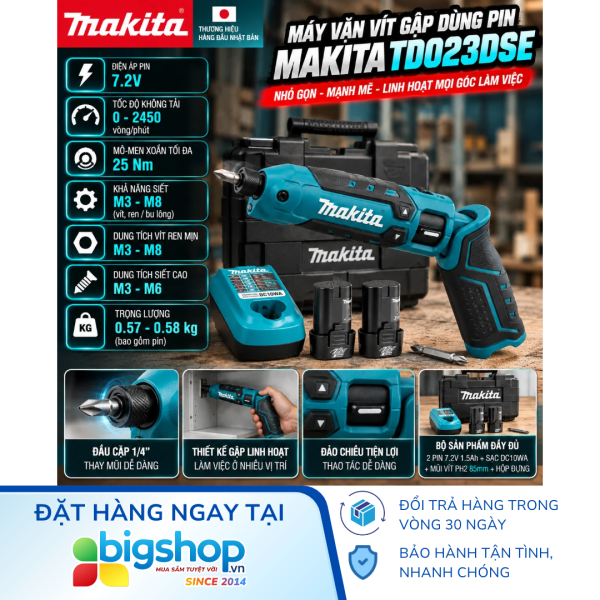 Máy vặn vít gập dùng pin 7.2V MAKITA TD023DSE - 2 pin 1.5Ah (BL0715) và sạc (DC10WA)