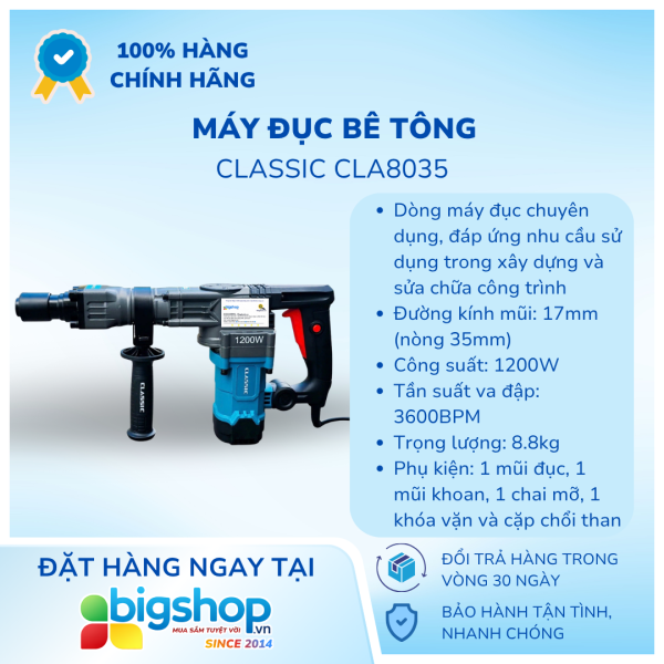 Máy đục bê tông CLASSIC CLA8035 (Công suất 1200W, mũi 17mm)