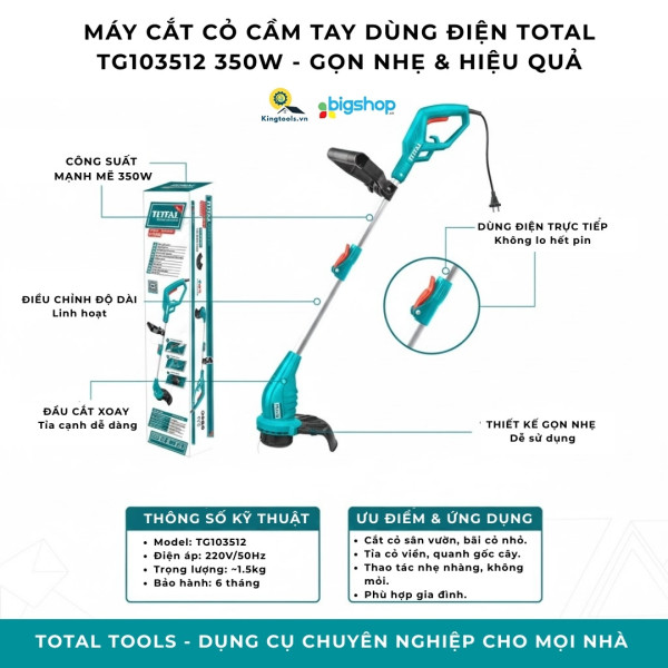 Máy cắt cỏ cầm tay dùng điện TOTAL TG103512 350W