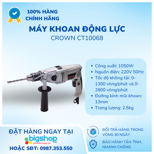 Máy khoan động lực CROWN CT10068, 1050W