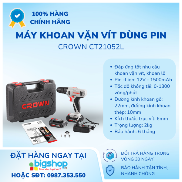 Máy khoan vặn vít dùng pin Crown CT21052L 12v/1.5Ah