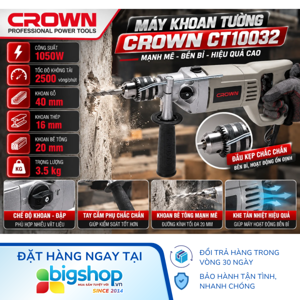 Máy khoan tường CROWN CT10032 (Công suất 1050W)