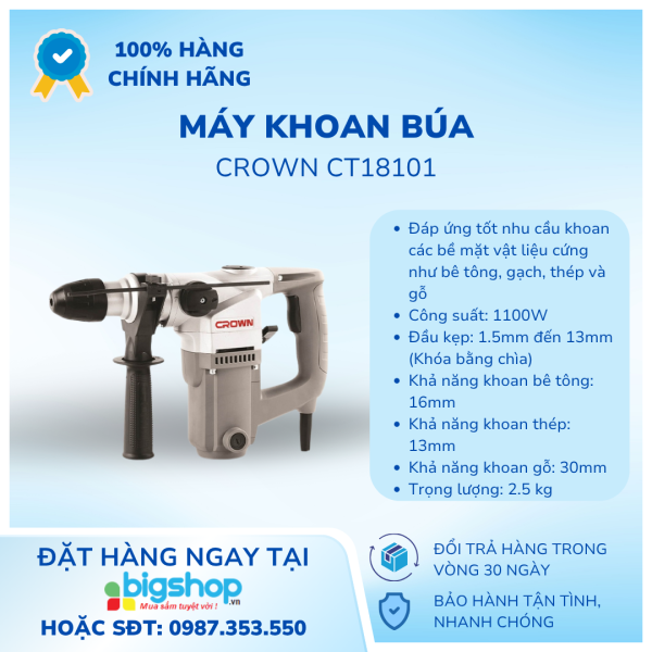 Máy khoan búa 1100W Crown CT18101