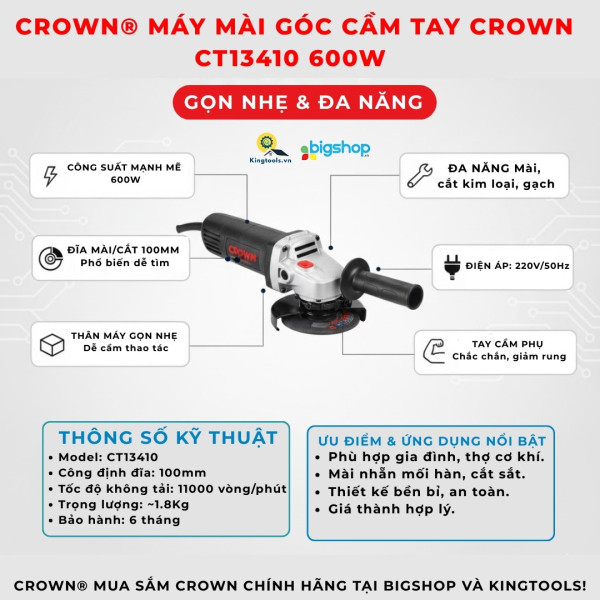 Máy mài góc cầm tay 600W Crown CT13410