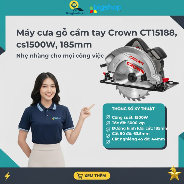Máy cưa gỗ cầm tay Crown CT15188, cs1500W, 185mm