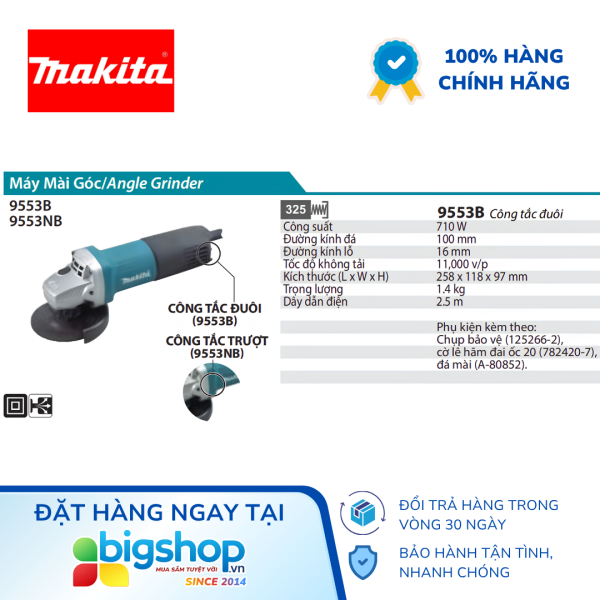 Máy mài góc MAKITA 9553B (100mm, 710W, công tắc đuôi)
