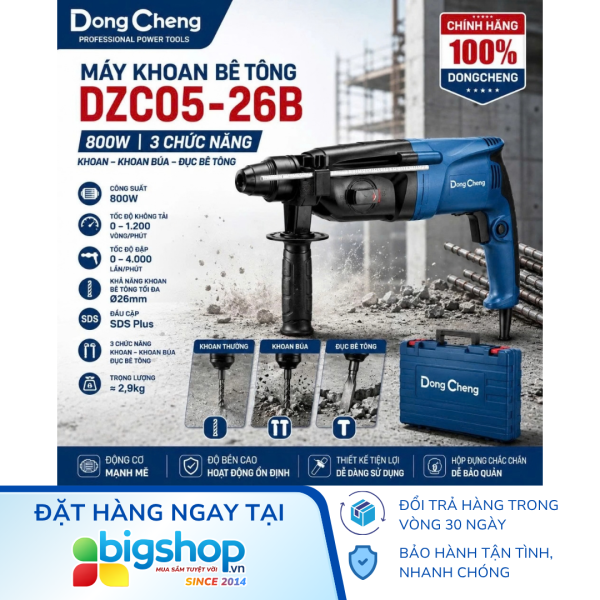 Máy khoan đục bê tông DONGCHENG DZC05-26B (Công suất 800W, mũi 26mm)