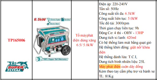 Máy phát điện dùng xăng TOTAL TP165006 - Công suất 6.5kW