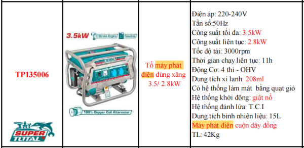 Máy phát điện dùng xăng TOTAL TP135006 - CS 3.5kW