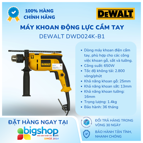 Máy khoan động lực cầm tay DEWALT DWD024K-B1 (Công suất 650W, mũi 13mm)
