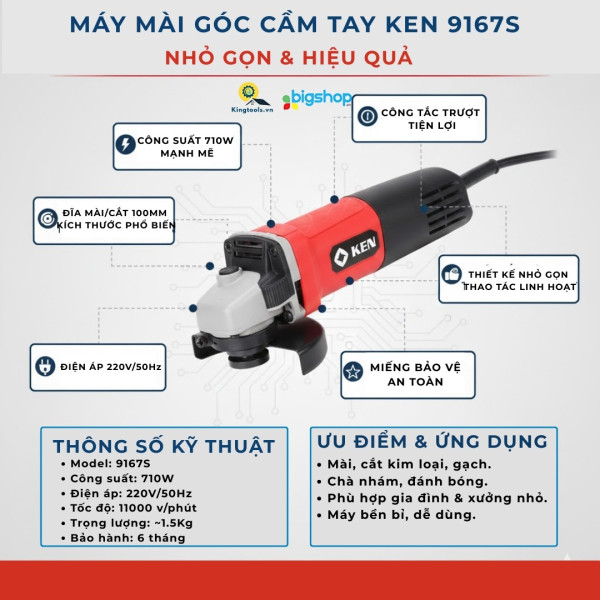 Máy mài góc Ken 100mm - 750w 9167S