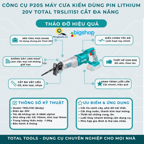 Máy cưa kiếm dùng pin Lithium 20V TOTAL TRSLI1151