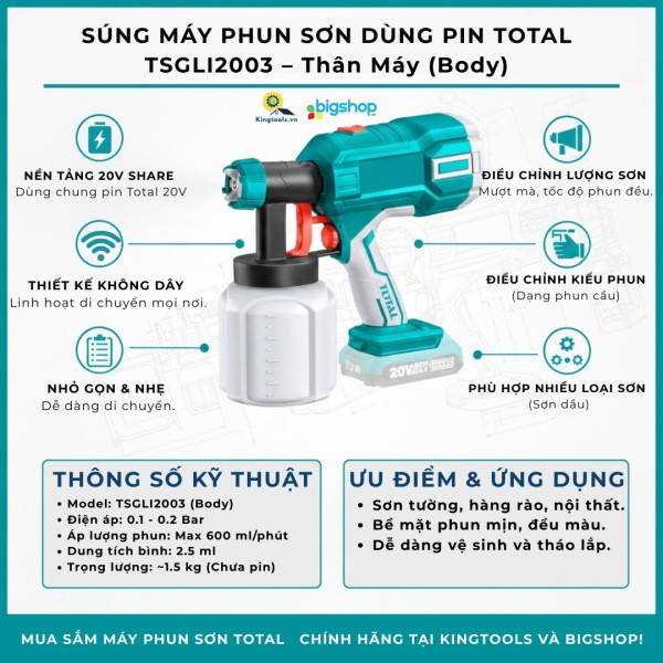 Thân máy phun sơn dùng pin Lithium 20V Total TSGLI2003 ( body)