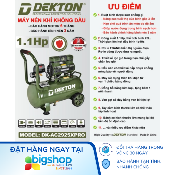 Máy nén khí không dầu 25L DEKTON DK-AC2925XPRO (CS 800W)