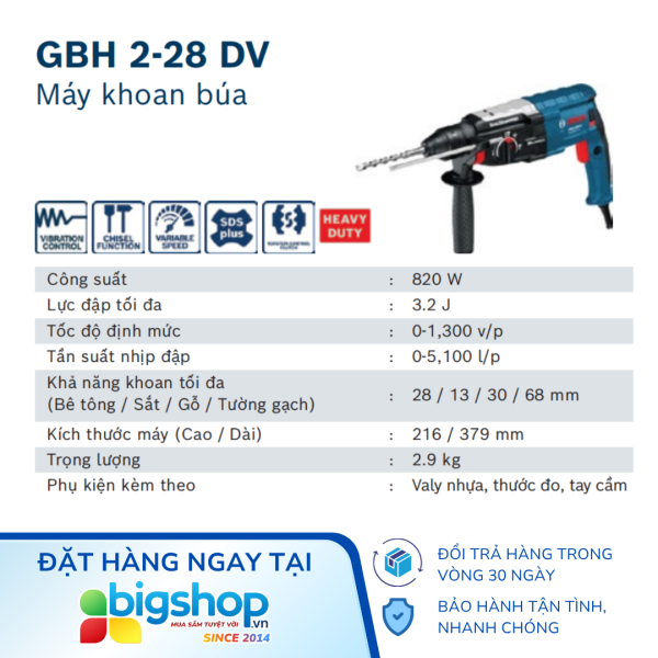 Máy khoan đục bê tông BOSCH GBH 2-28 DV (CS 820W)
