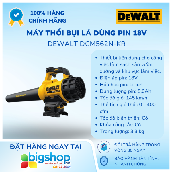 Máy thổi bụi lá dùng pin 18V DEWALT DCM562N-KR (Thân máy)
