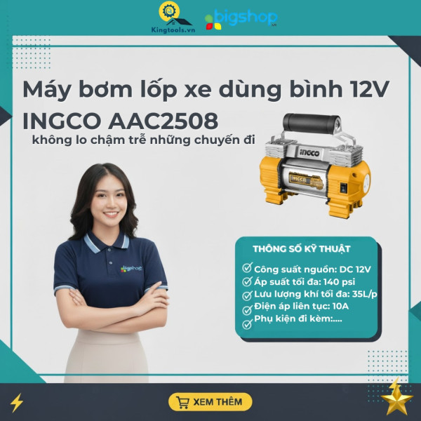 Máy bơm lốp xe ô tô, bánh, dùng bình 12V INGCO AAC2508