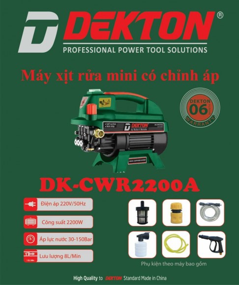 Máy rửa xe Dekton có chỉnh áp DK-CWR2200A, 150 Bar 