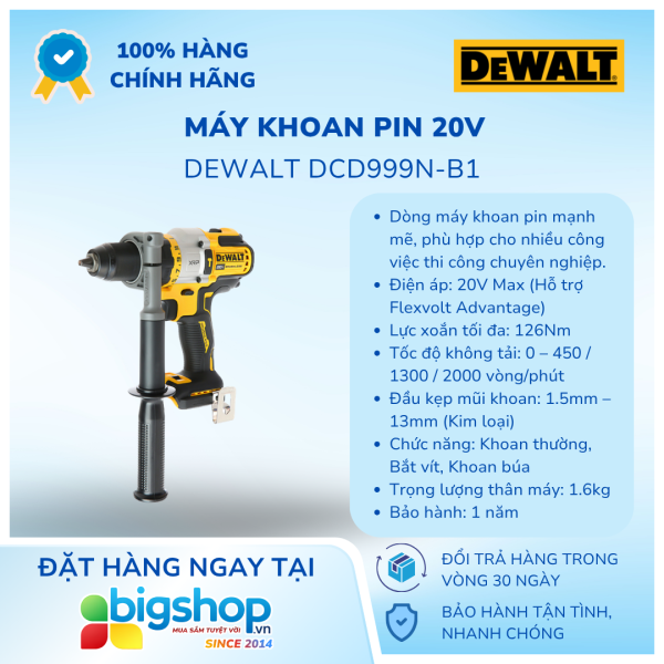 Máy khoan pin 20V DEWALT DCD999N-B1 - Thân máy (Lực siết 126Nm)