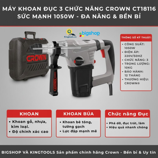 Máy khoan đục 3 chức năng CT18116 Crown chính hãng, 1050W