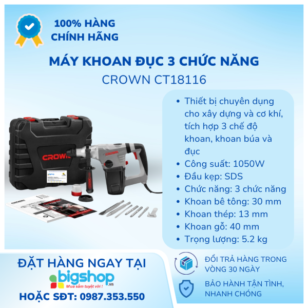 Máy khoan đục 3 chức năng CROWN CT18116 (CS 1050W)
