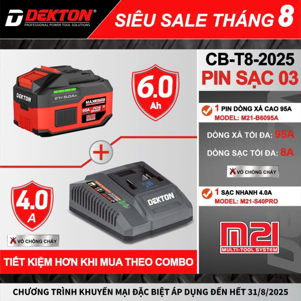 Combo Pin 15Cell 6Ah Dekton M21-B6095A (Màu đỏ đen ), 95a kèm sạc 4ah S40pro