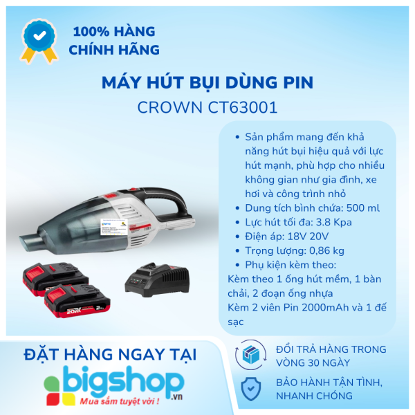 Máy hút bụi dùng pin 18V Crown CT63001