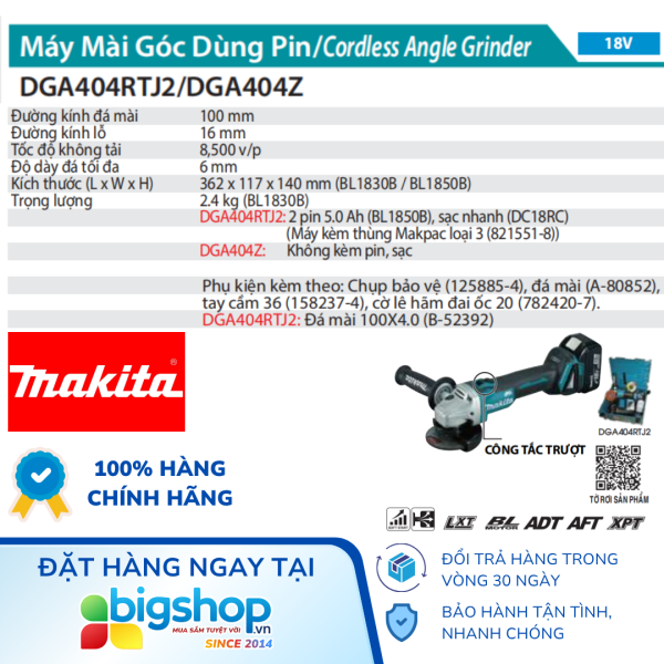 Máy mài góc dùng pin 18V MAKITA DGA404Z / DGA404RTJ2 (Đĩa 100mm)