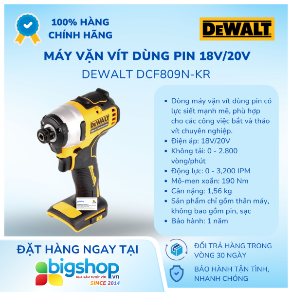 Máy vặn vít dùng pin 18V/20V DEWALT DCF809N-KR - Thân máy (Lực siết 190Nm)