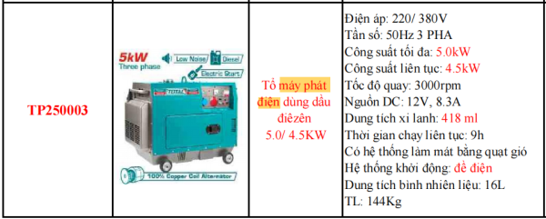 Máy phát điện dùng dầu Diezen TOTAL TP250003 - Công suất 5.0kW