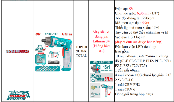 Máy siết, vặn vít dùng pin Lithium 8V Total TSDLI08025