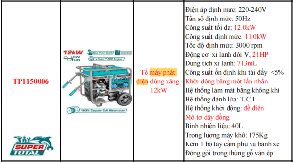 Máy phát điện dùng xăng TOTAL TP1150006 - Công suất 12kW