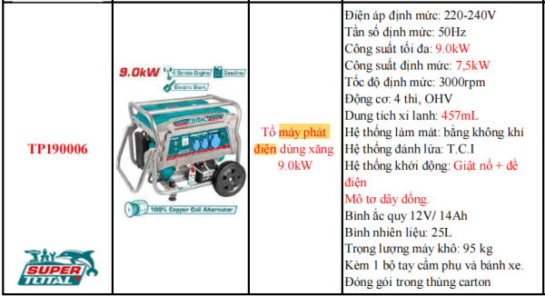 Máy phát điện dùng xăng TOTAL TP190006 - Công suất 9.0kW