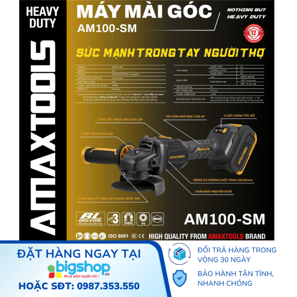 Máy mài góc pin 21V AMAXTOOLS AM100SM, động cơ không chổi than