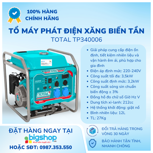 Tổ máy phát điện xăng biến tần 3.5kW TOTAL TP340006