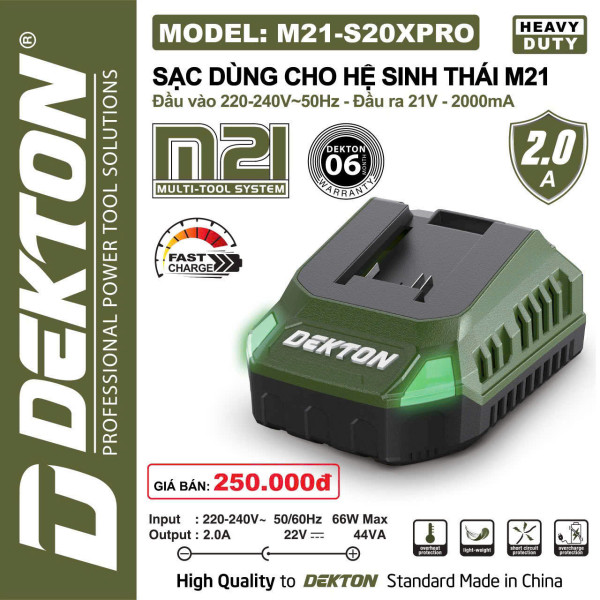 Sạc pin Dekton M21-S20XPRO 21V, 2.0Ah