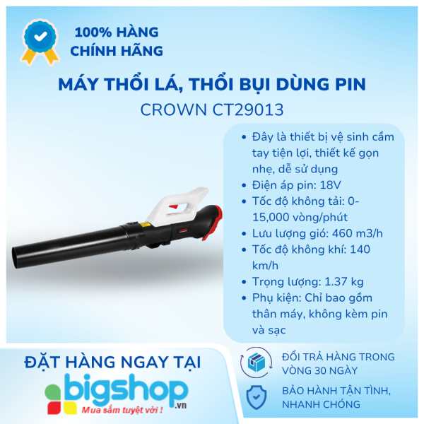 Máy thổi lá thổi bụi dùng pin 18V Crown CT29013 - Chưa bao gồm pin, sạc
