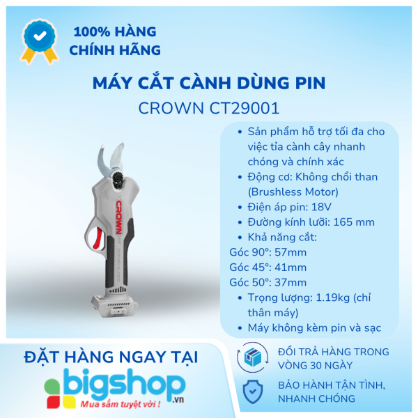 Máy cắt cành dùng pin 18V Crown CT29001 - Chưa bao gồm pin, sạc