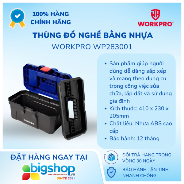 Thùng đồ nghề bằng nhựa, kích thước 410mm (16 inches) WORKPRO WP283001