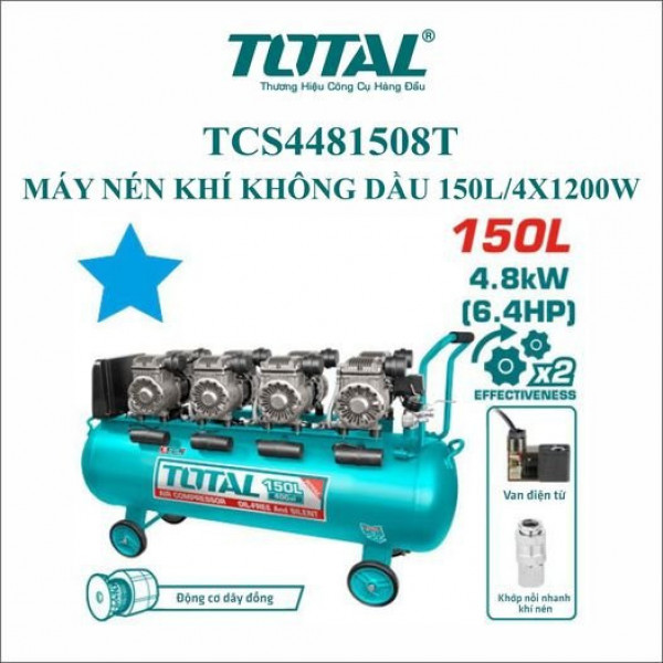 Máy nén khí không dầu Total TCS4481508T 100L/4x1200W, mô tơ dây đồng