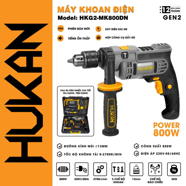 Máy khoan điện 13mm Hukan HKG2-MK800DN