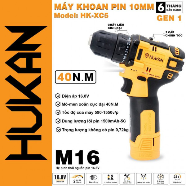 Máy khoan pin 10MM HuKan HK-XC5 ( Hộp nhựa + Thân máy + 2 pin 4cell + sạc 16.8)