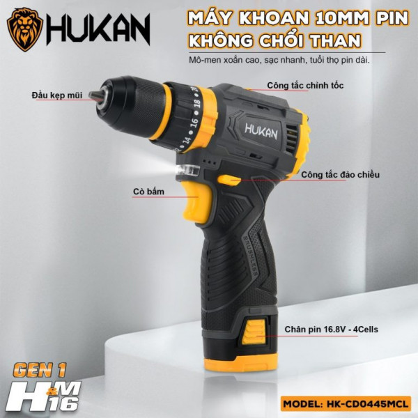 Máy khoan pin 10mm HuKan HK-CD0445MCL( Hộp nhựa + Thân máy + 2 pin 16.8 + sạc 16.8)