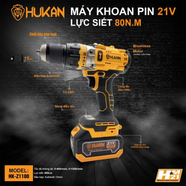 Máy khoan pin 13mm HuKan HK-Z1100 ( Hộp nhựa +Thân máy + 2 pin 10 cell ABS3000PRO + SẠC ADT21 )