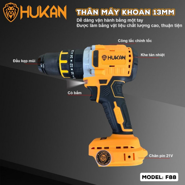 Máy khoan pin 13mm HuKan F88 (Hộp nhựa + Thân máy + 2 pin 10 cell ABS3000PRO + sạc ADT21)