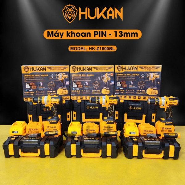 Máy khoan PIN 13mm Hukan HK-Z1600 ( Thân máy + hộp nhựa + 1 pin 10cell + 1 pin 15cell + Sạc 2A) 