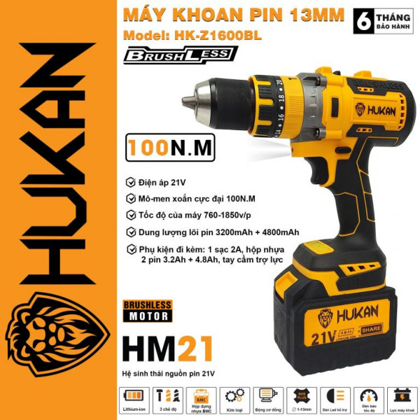 Máy khoan PIN 13mm Hukan HK-Z1600 ( Thân máy + hộp nhựa + 1 pin 10cell + 1 pin 15cell + Sạc 2A) 