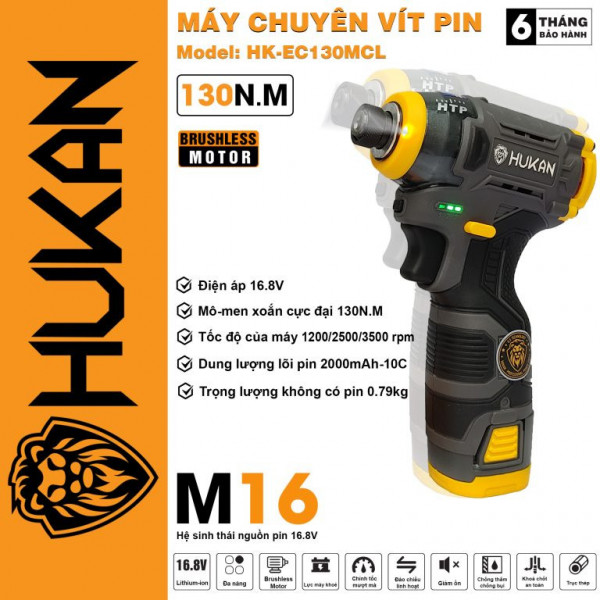 Máy chuyên vít búa 4Cell Hukan HK-EC130MCL (Thân máy + 2 pin 4CELL + sạc 16.8V)