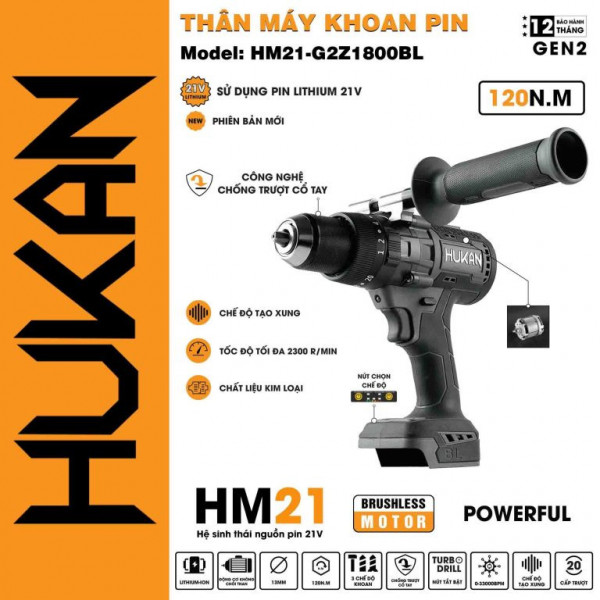 Thân máy khoan pin 13MM ( có khóa trục ) Hukan HM21-G2Z1800BL