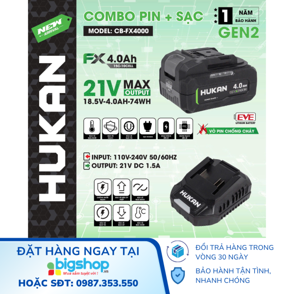 Bộ pin 4.0Ah và sạc 1.5Ah (Gen 2) HUKAN CB-FX4000